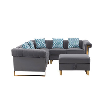 Lilola Home Maddie Gray Velvet 5-Seater Sectional Sofa with Storage Ottoman 89840-1
