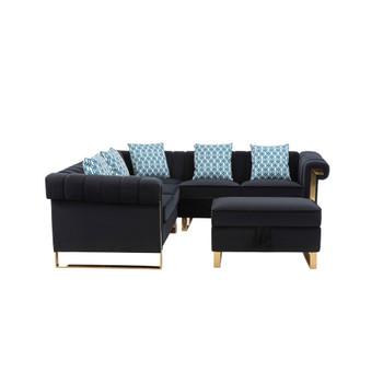 Lilola Home Maddie Black Velvet 5-Seater Sectional Sofa with Storage Ottoman 89840BK-1
