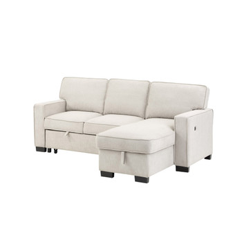 Lilola Home Estelle Beige Fabric Reversible Sleeper Sectional with Storage Chaise Drop-Down Table 2 Cup Holders and 2USB Ports 81353BE
