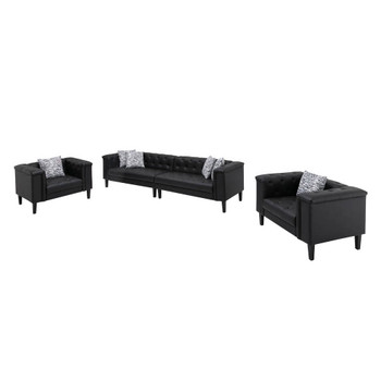 Lilola Home Sarah Black Vegan Leather Tufted Sofa 2 Chairs Living Room Set With 6 Accent Pillows 89224-SCC

