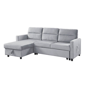 Lilola Home Ruby Light Gray Velvet Reversible Sleeper Sectional Sofa with Storage Chaise and Side Pocket 889331LG
