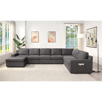 Lilola Home Waylon Gray Linen 7-Seater U-Shape Sectional Sofa Chaise with Pocket 81803-6
