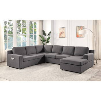 Lilola Home Waylon Gray Linen 6-Seater U-Shape Sectional Sofa Chaise and Pocket 81803-7
