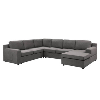 Lilola Home Waylon Gray Linen 6-Seater U-Shape Sectional Sofa Chaise and Pocket 81803-7
