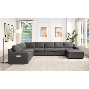 Lilola Home Waylon Gray Linen 7-Seater U-Shape Sectional Sofa Chaise with Pocket 81803-10
