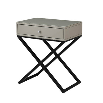 Lilola Home Koda Taupe Wooden End Side Table Nightstand with Glass Top, Drawer and Metal Cross Base  98002TP
