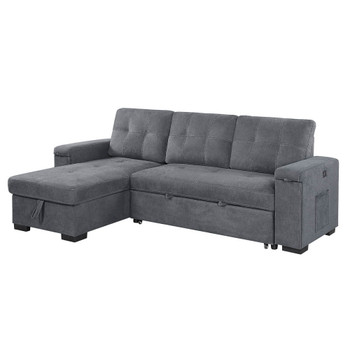 Lilola Home Toby Gray Woven Fabric Reversible Sleeper Sectional Sofa with Storage Chaise Cup Holder USB Ports and Pockets 81395
