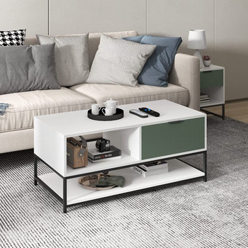 Lilola Home Watson White and Green Wood Coffee Table Steel Frame with Shelves and Drawer 52972
