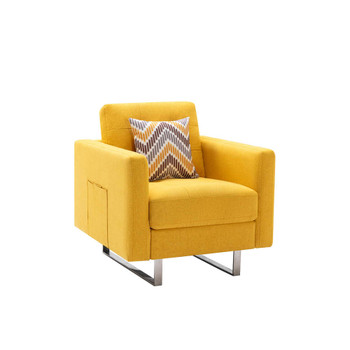 Lilola Home Victoria Yellow Linen Fabric Armchair with Metal Legs, Side Pockets, and Pillow 88865YW-C
