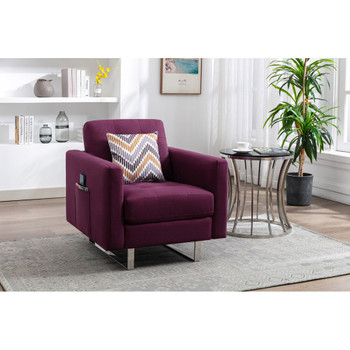 Lilola Home Victoria Purple Linen Fabric Armchair with Metal Legs, Side Pockets, and Pillow 88865PE-C
