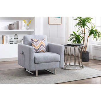 Lilola Home Victoria Light Gray Linen Fabric Armchair with Metal Legs, Side Pockets, and Pillow 88865LG-C
