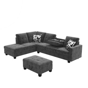 Lilola Home Remi Dark Gray Velvet Reversible Sectional Sofa with Dropdown Table, Charging Ports, Cupholders, Storage Ottoman, and Pillows 87715
