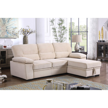 Lilola Home Kipling Beige Velvet Fabric Reversible Sleeper Sectional Sofa Chaise 87802BE
