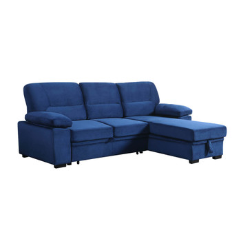 Lilola Home Kipling Blue Velvet Fabric Reversible Sleeper Sectional Sofa Chaise 87802BU
