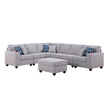 Lilola Home Cooper Light Gray Linen 7Pc Reversible L-Shape Sectional Sofa with Ottoman and Cupholder 89131-2A
