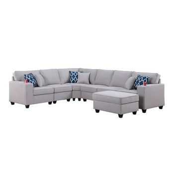 Lilola Home Cooper Light Gray Linen 7Pc Reversible L-Shape Sectional Sofa with Ottoman and Cupholder 89131-2B
