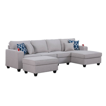 Lilola Home Cooper Light Gray Linen 5Pc Sectional Sofa Chaise with Ottoman and Cupholder 89131-6B
