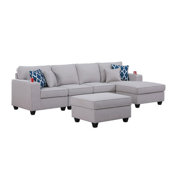 Lilola Home Cooper Light Gray Linen 5Pc Sectional Sofa Chaise with Ottoman and Cupholder 89131-6B
