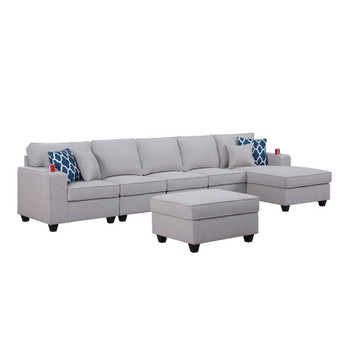 Lilola Home Cooper Light Gray Linen 6Pc Sectional Sofa Chaise with Ottoman and Cupholder 89131-7A
