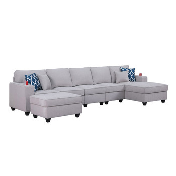 Lilola Home Cooper Light Gray Linen 6Pc Sectional Sofa Chaise with Ottoman and Cupholder 89131-7A
