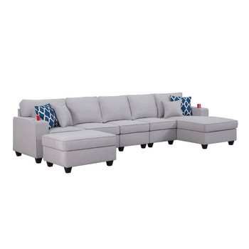 Lilola Home Cooper Light Gray Linen 6Pc Sectional Sofa Chaise with Ottoman and Cupholder 89131-7B

