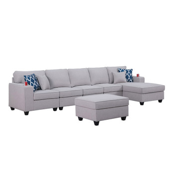 Lilola Home Cooper Light Gray Linen 6Pc Sectional Sofa Chaise with Ottoman and Cupholder 89131-7B
