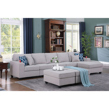 Lilola Home Cooper Light Gray Linen Sectional Sofa Chaise with 2 Ottomans and Cupholder 89131-8
