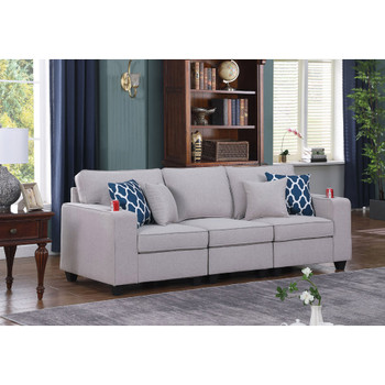 Lilola Home Cooper Light Gray Linen Sofa with Cupholder 89131-13
