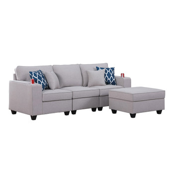 Lilola Home Cooper Light Gray Linen Sofa with Ottoman and Cupholder 89131-14A
