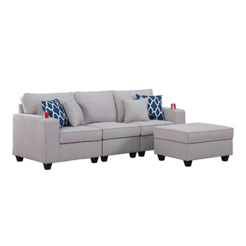 Lilola Home Cooper Light Gray Linen Sofa with Ottoman and Cupholder 89131-14B
