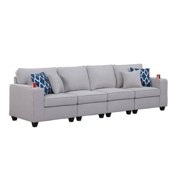 Lilola Home Cooper Light Gray Linen 4-Seater Sofa with Cupholder 89131-15
