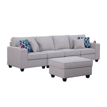 Lilola Home Cooper Light Gray Linen 4-Seater Sofa with Ottoman and Cupholder 89131-16A
