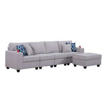 Lilola Home Cooper Light Gray Linen 4-Seater Sofa with Ottoman and Cupholder 89131-16A
