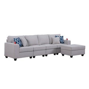 Lilola Home Cooper Light Gray Linen 4-Seater Sofa with Ottoman and Cupholder 89131-16B
