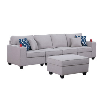 Lilola Home Cooper Light Gray Linen 4-Seater Sofa with Ottoman and Cupholder 89131-16B
