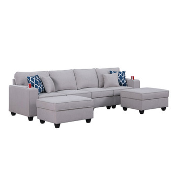 Lilola Home Cooper Light Gray Linen 4-Seater Sofa with 2 Ottomans and Cupholder 89131-17A
