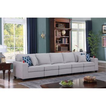 Lilola Home Cooper Light Gray Linen 5-Seater Sofa with Cupholder 89131-18
