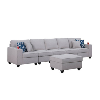 Lilola Home Cooper Light Gray Linen 5-Seater Sofa with Ottoman and Cupholder 89131-19A
