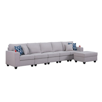 Lilola Home Cooper Light Gray Linen 5-Seater Sofa with Ottoman and Cupholder 89131-19A
