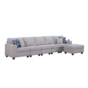 Lilola Home Cooper Light Gray Linen 5-Seater Sofa with Ottoman and Cupholder 89131-19B
