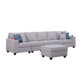 Lilola Home Cooper Light Gray Linen 5-Seater Sofa with Ottoman and Cupholder 89131-19B
