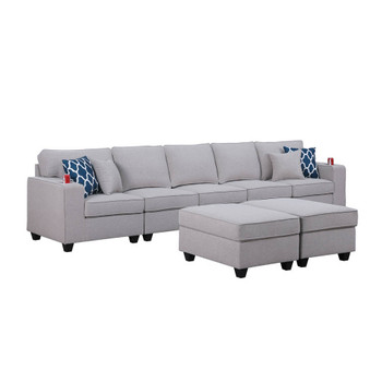Lilola Home Cooper Light Gray Linen 5-Seater Sofa with 2 Ottomans and Cupholder 89131-20A
