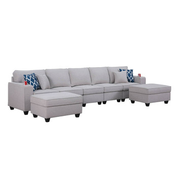 Lilola Home Cooper Light Gray Linen 5-Seater Sofa with 2 Ottomans and Cupholder 89131-20B
