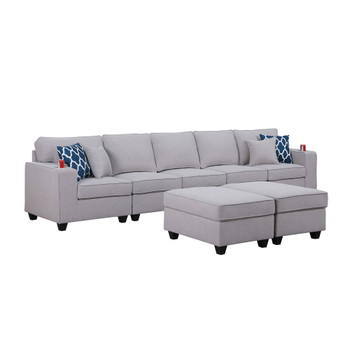 Lilola Home Cooper Light Gray Linen 5-Seater Sofa with 2 Ottomans and Cupholder 89131-20B
