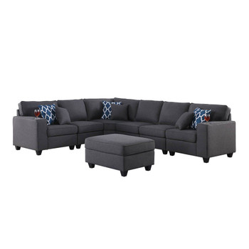 Lilola Home Cooper Dark Gray Linen 7Pc Reversible L-Shape Sectional Sofa with Ottoman and Cupholder 89132-2A
