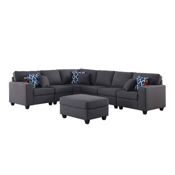 Lilola Home Cooper Dark Gray Linen 7Pc Reversible L-Shape Sectional Sofa with Ottoman and Cupholder 89132-2B
