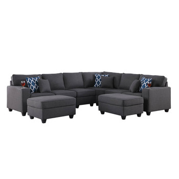 Lilola Home Cooper Dark Gray Linen 8Pc Reversible L-Shape Sectional Sofa with Ottomans and Cupholder 89132-5B
