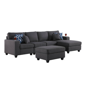 Lilola Home Cooper Dark Gray Linen 5Pc Sectional Sofa Chaise with Ottoman and Cupholder 89132-6A
