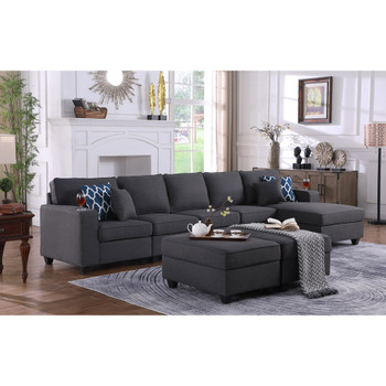 Lilola Home Cooper Dark Gray Linen Sectional Sofa Chaise with 2 Ottomans and Cupholder 89132-8
