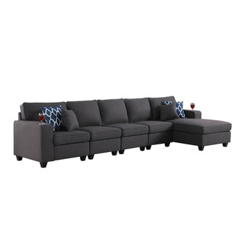 Lilola Home Cooper Dark Gray Linen 5Pc Sectional Sofa Chaise with Cupholder 89132-9
